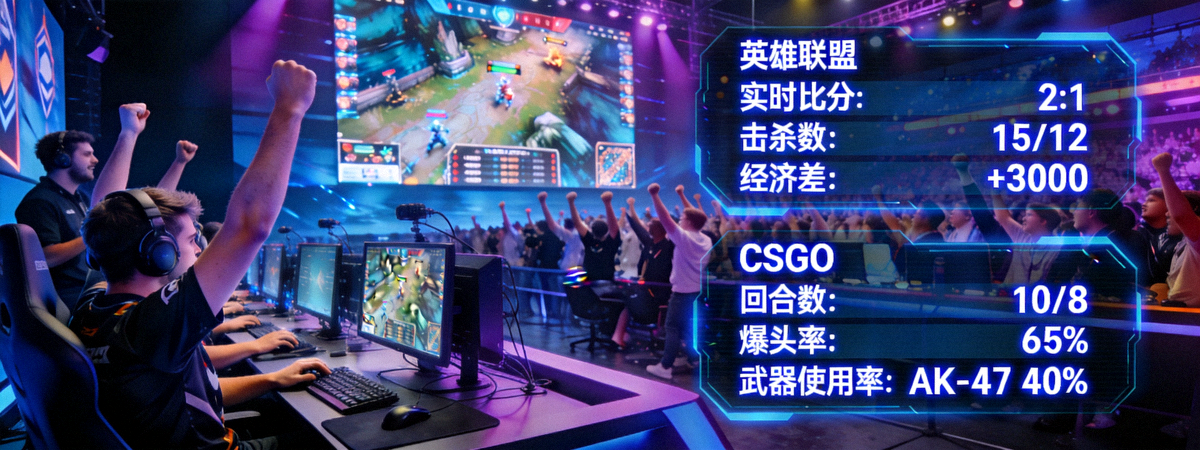 电竞比赛现场与实时数据流分析面板，展示英雄联盟和CSGO等游戏数据